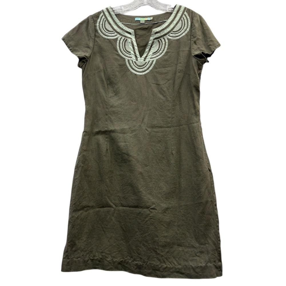 Boden‎ Olive Green Linen Dress Casual Summer Knee Length Embroidered Boho Chic 8